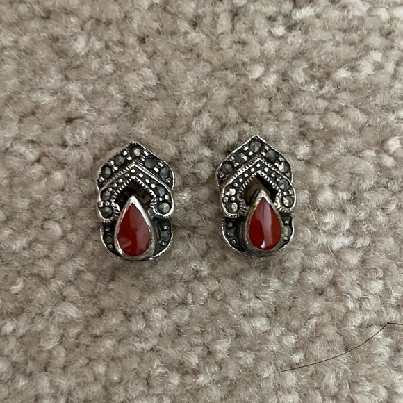 Vintage Sterling Silver & Carnelian Earrings - Picture 1 of 7